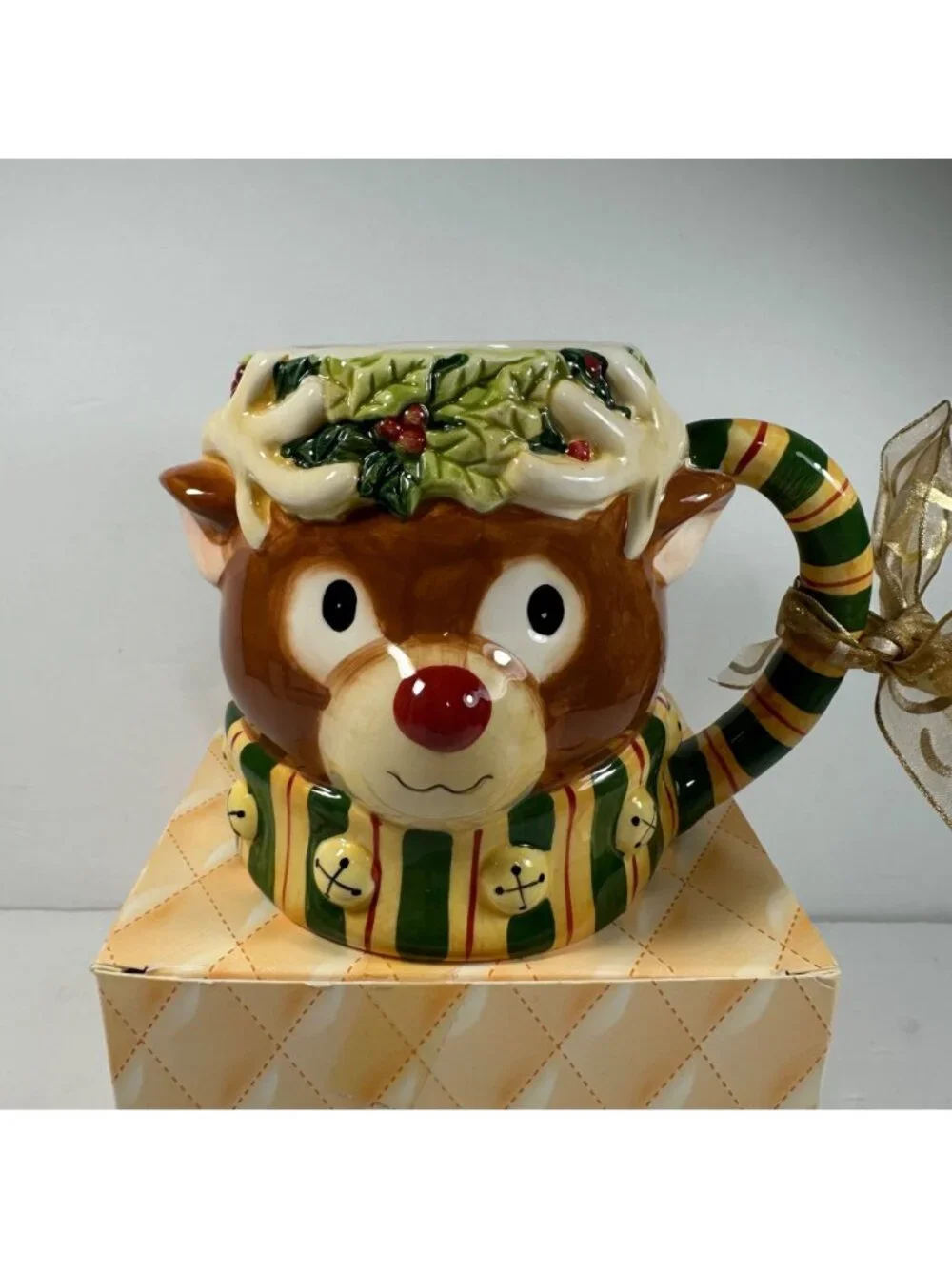 Hand-Painted Ceramic Reindeer Festive Holiday Mug By Susan Winget 14oz Christmas